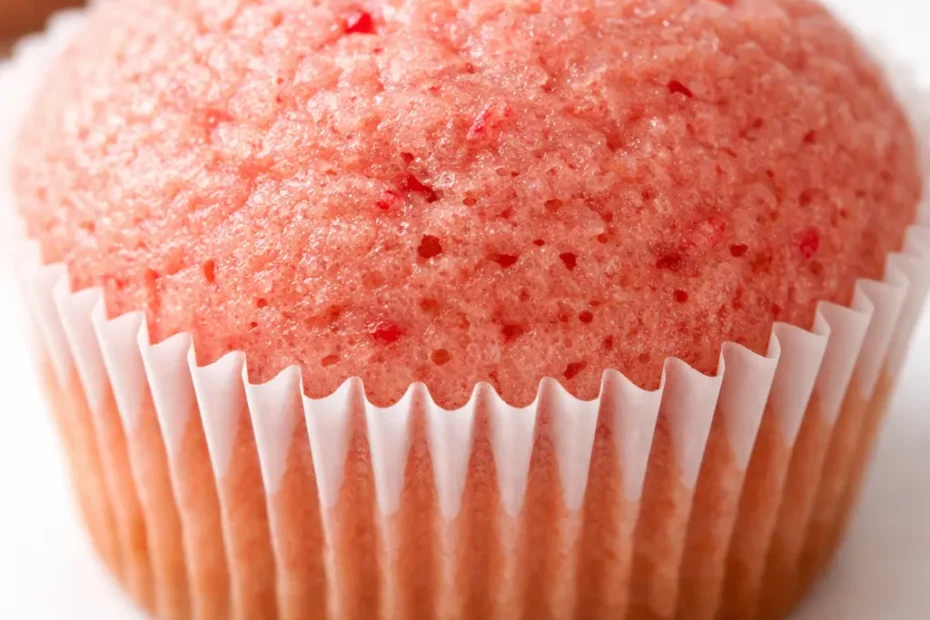 Strawberry cupcakes topped with pink buttercream frosting and a fresh strawberry slice, showing moist crumb and real berry specks.