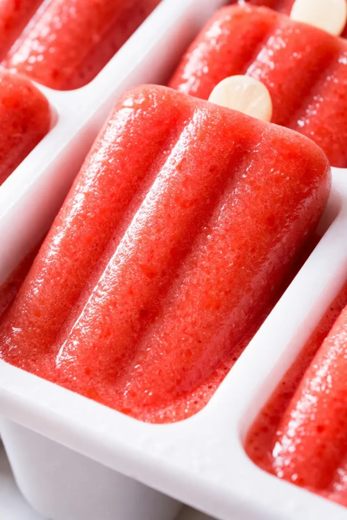 Creamy homemade strawberry lemonade popsicles in vibrant pink, with a tart finish, held against a bright background.