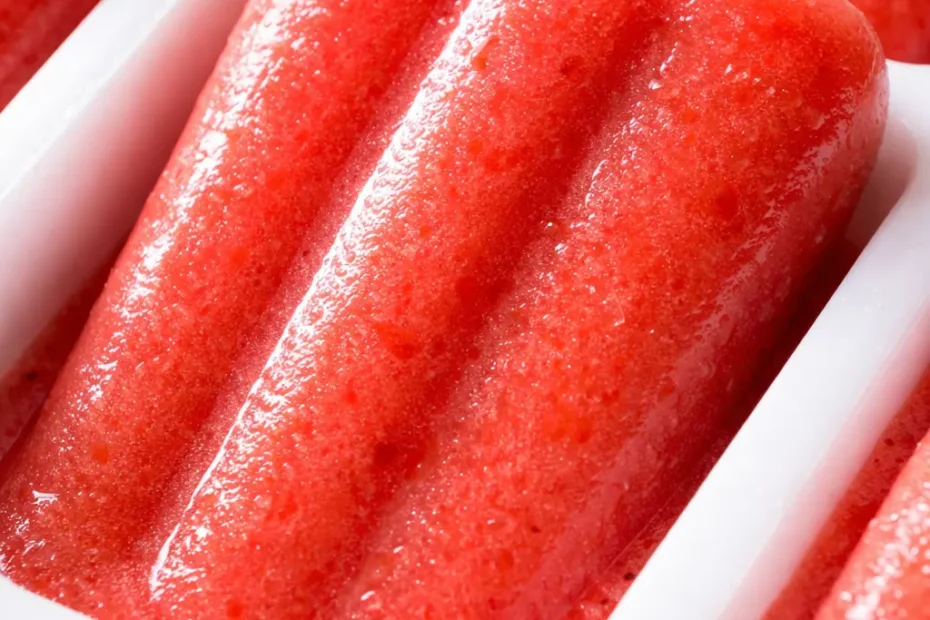 Creamy homemade strawberry lemonade popsicles in vibrant pink, with a tart finish, held against a bright background.