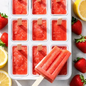 Pouring creamy pink strawberry lemonade mixture into popsicle molds, leaving a thick trail with visible strawberry bits and a smooth texture.