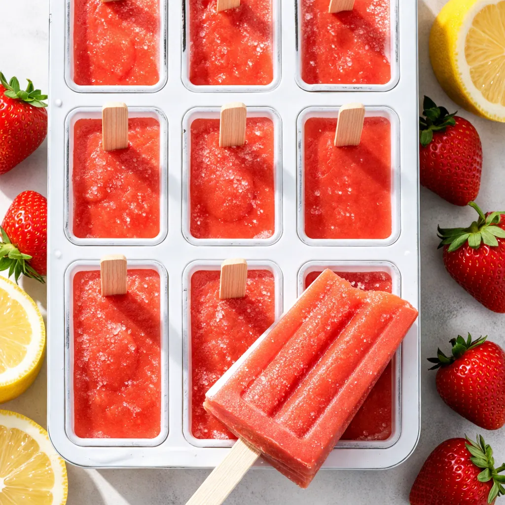 Pouring creamy pink strawberry lemonade mixture into popsicle molds, leaving a thick trail with visible strawberry bits and a smooth texture.