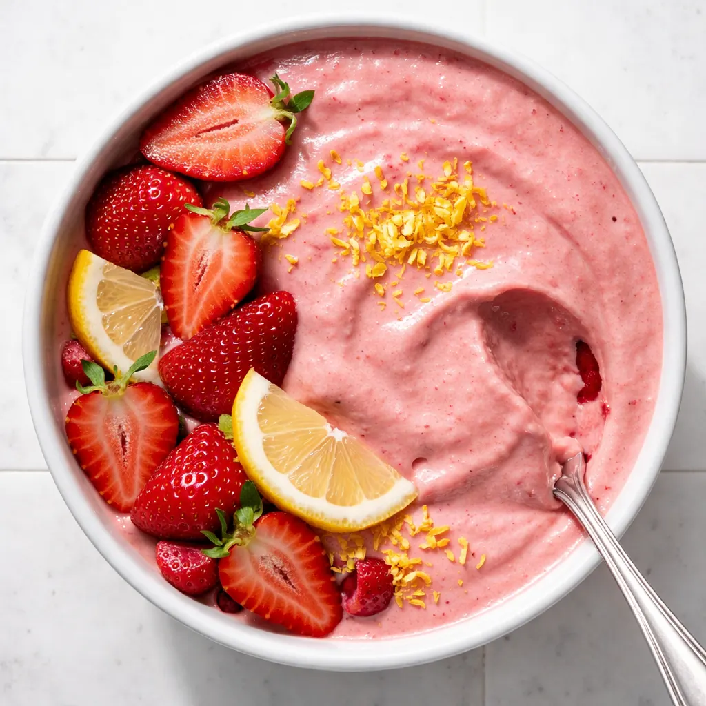 Strawberry lemonade smoothie bowl in a white bowl, topped with sliced strawberries, granola, and a drizzle of honey, with a lemon wedge on the side.