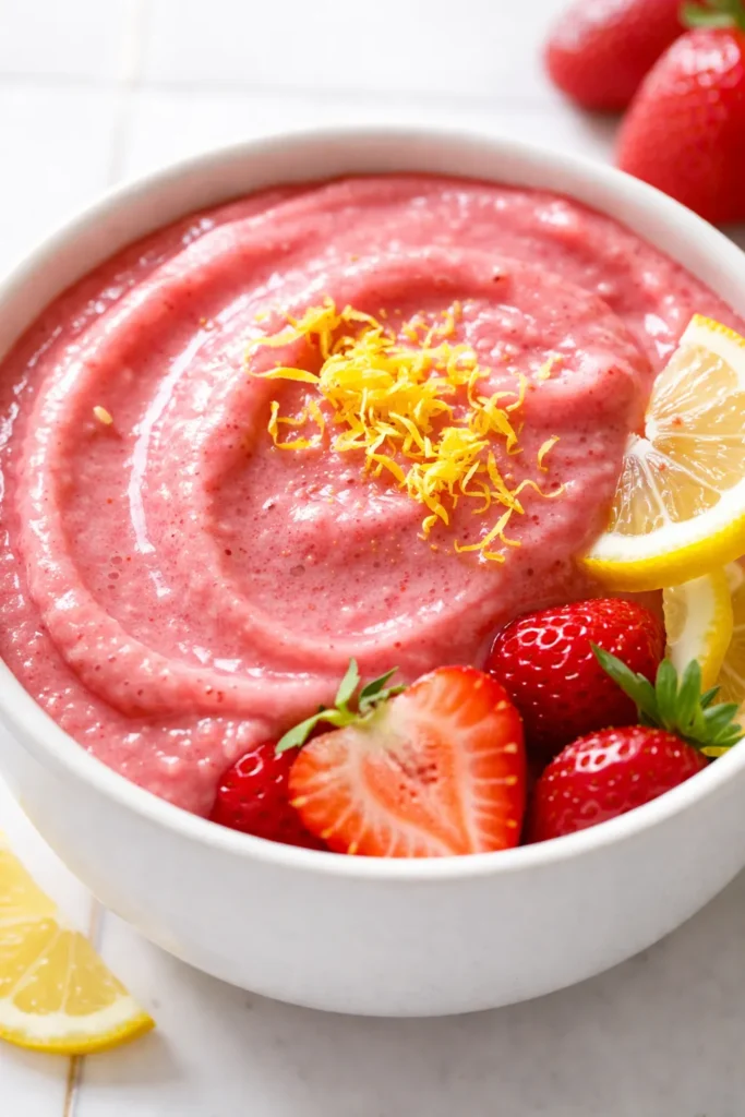 Vibrant pink strawberry lemonade smoothie bowl topped with fresh strawberries, granola, and a mint leaf, creamy and refreshing texture.
