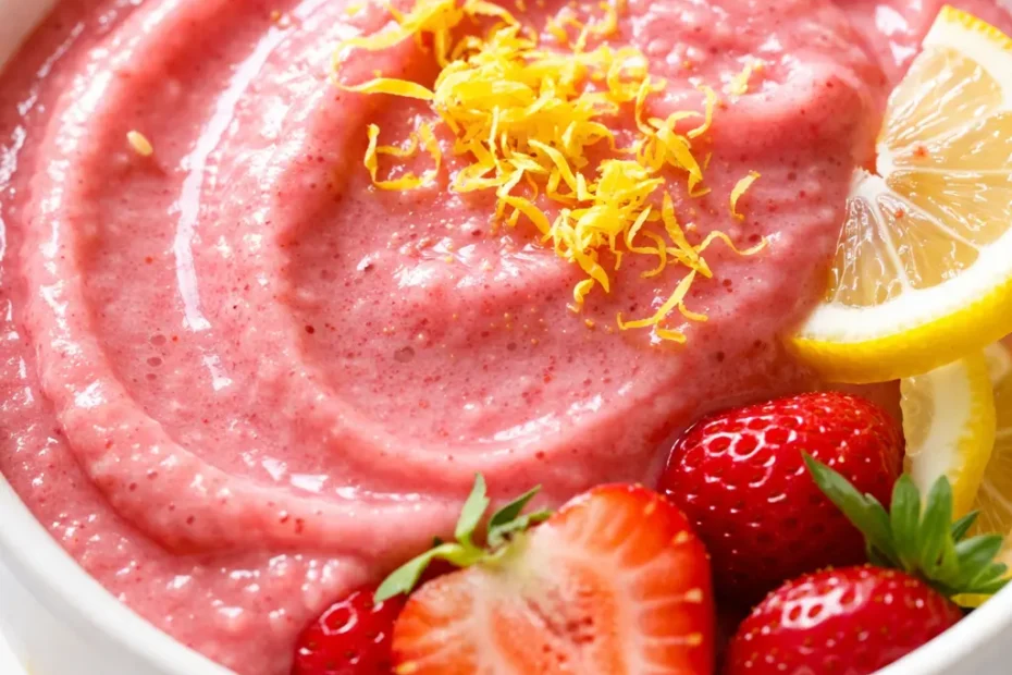 Vibrant pink strawberry lemonade smoothie bowl topped with fresh strawberries, granola, and a mint leaf, creamy and refreshing texture.