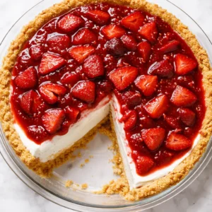 Layering fresh strawberries and creamy filling into a graham cracker crust for strawberry shortcake freezer pie, ensuring a crisp texture.