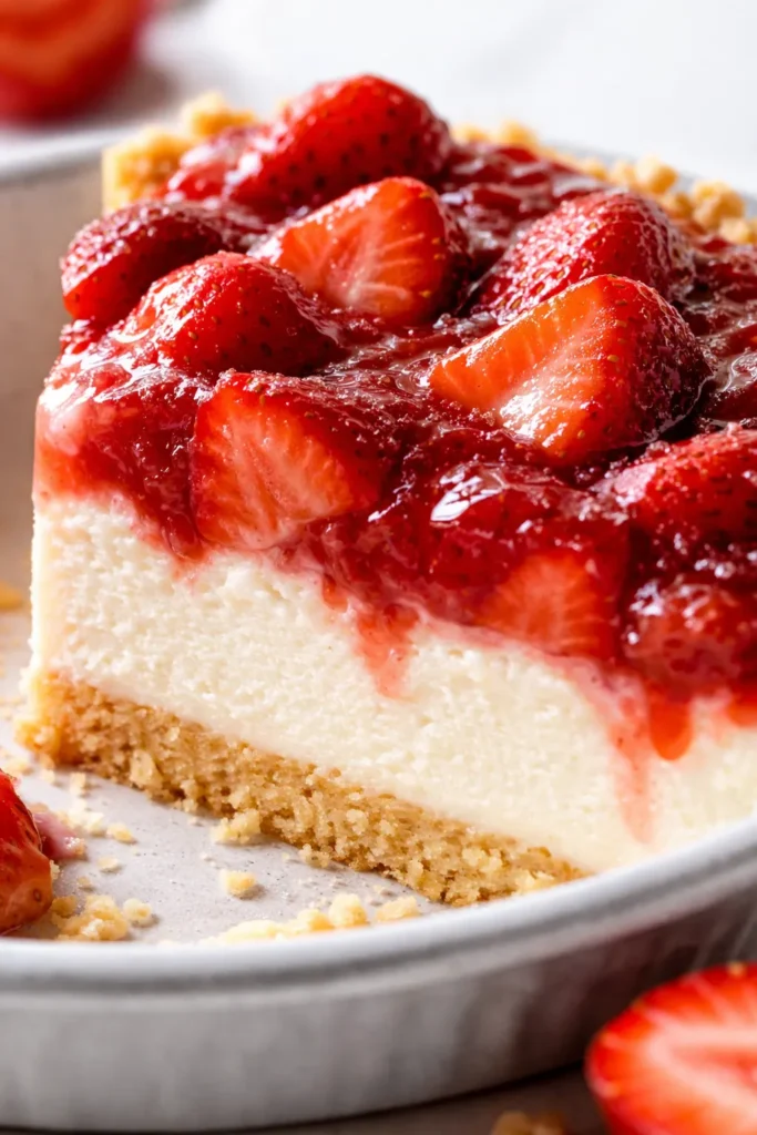 Sliced strawberry shortcake freezer pie with creamy no-bake filling and fresh berries on a crisp graham cracker crust, no sogginess.