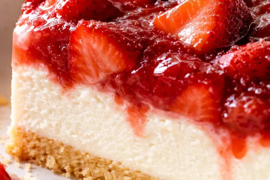 Sliced strawberry shortcake freezer pie with creamy no-bake filling and fresh berries on a crisp graham cracker crust, no sogginess.