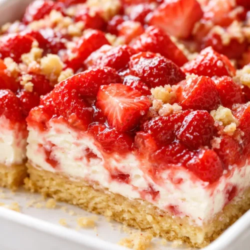 Strawberry shortcake ice cream bars with a golden crisp crust, creamy vanilla ice cream, and fresh red strawberry topping.