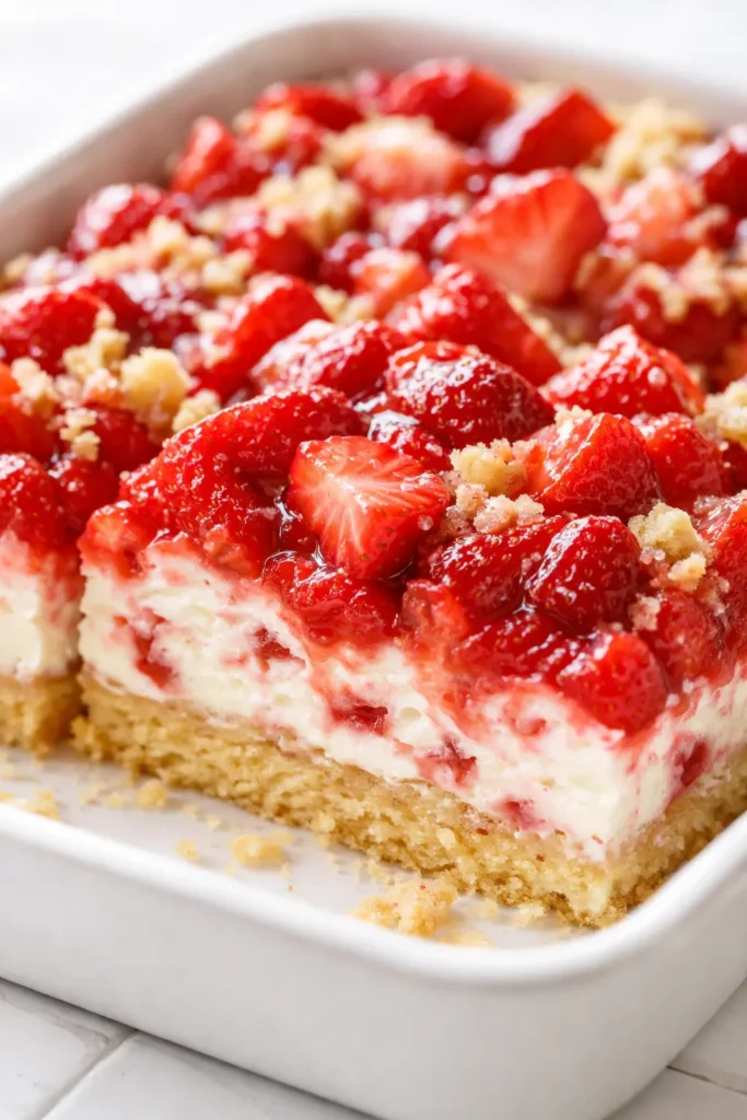 Strawberry shortcake ice cream bars with a golden crisp crust, creamy vanilla ice cream, and fresh red strawberry topping.