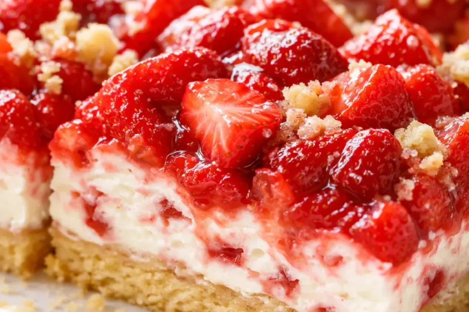 Strawberry shortcake ice cream bars with a golden crisp crust, creamy vanilla ice cream, and fresh red strawberry topping.