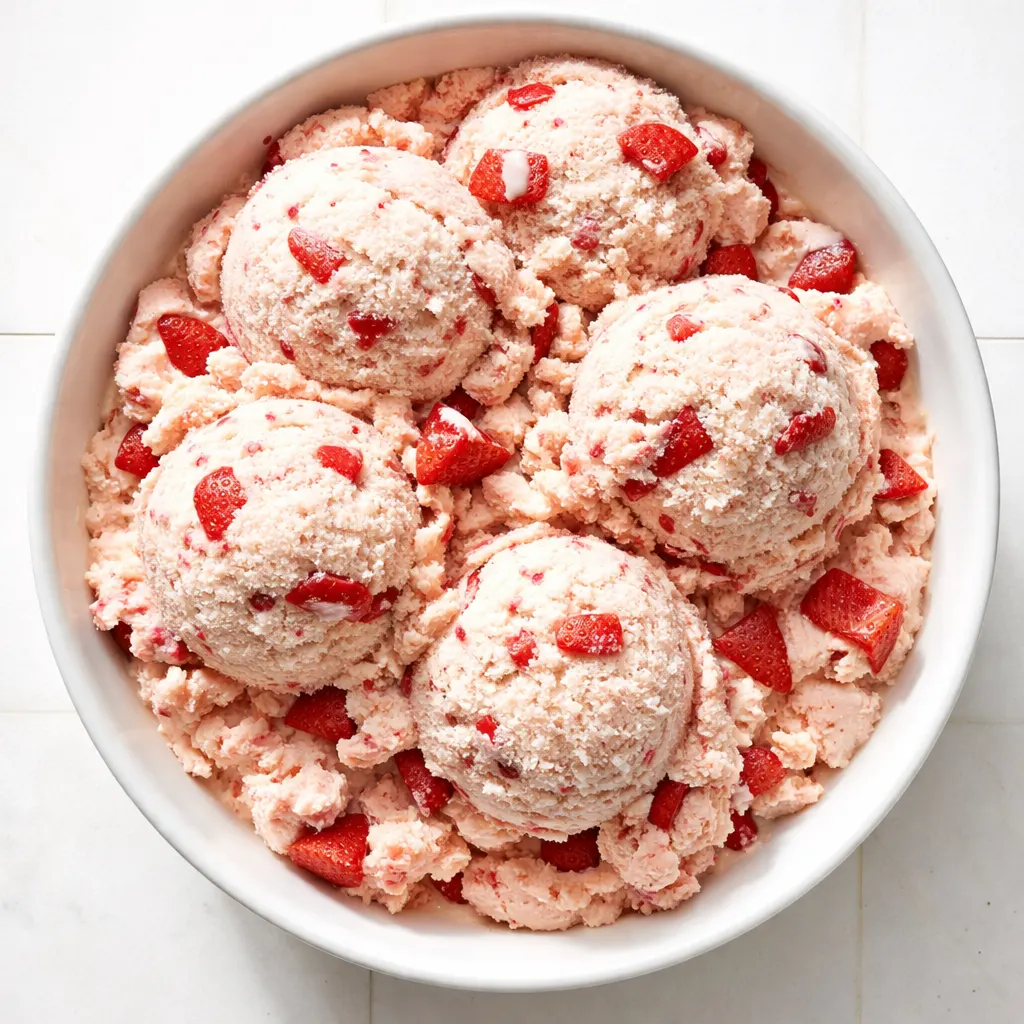Stirring a creamy strawberry shortcake ice cream mixture, with pink swirls and chunks of shortcake and fresh strawberries.