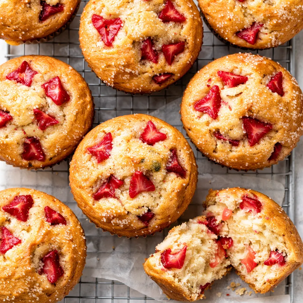 Sprinkling crumbly brown sugar topping over strawberry shortcake muffin batter with visible fresh strawberry pieces.