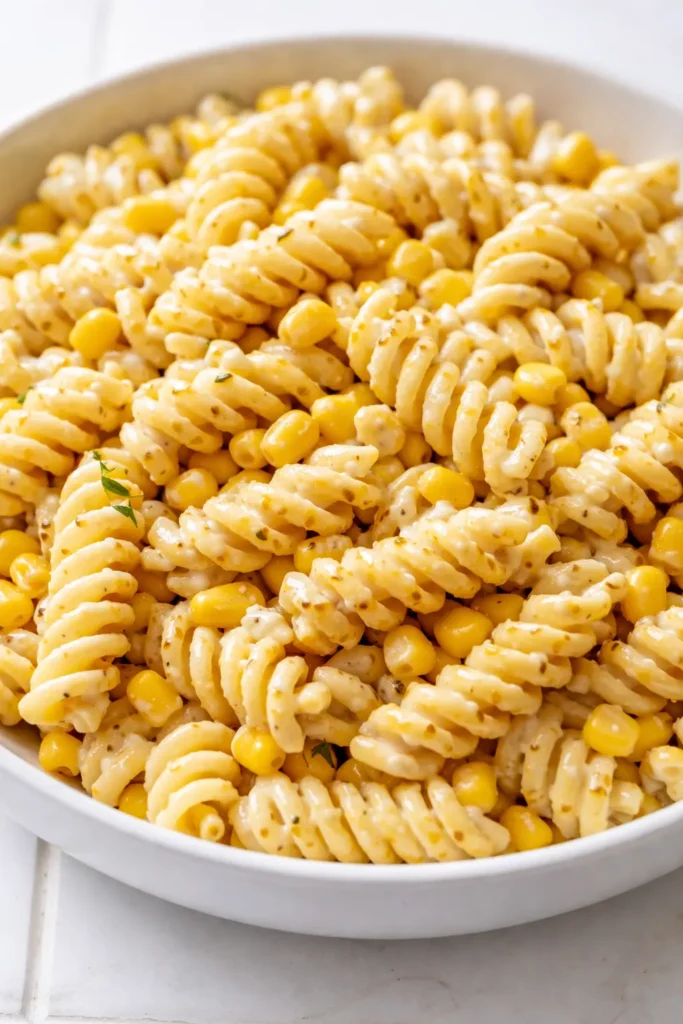 Creamy street corn pasta salad in a white bowl with charred corn kernels, crumbled cotija cheese, fresh cilantro, and a sprinkle of chili powder.