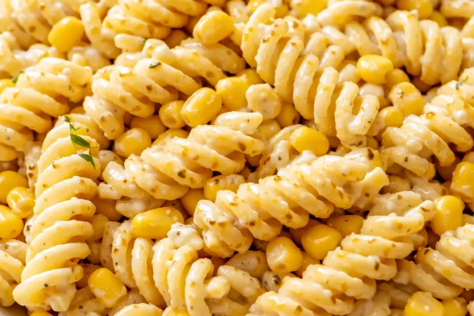 Creamy street corn pasta salad in a white bowl with charred corn kernels, crumbled cotija cheese, fresh cilantro, and a sprinkle of chili powder.