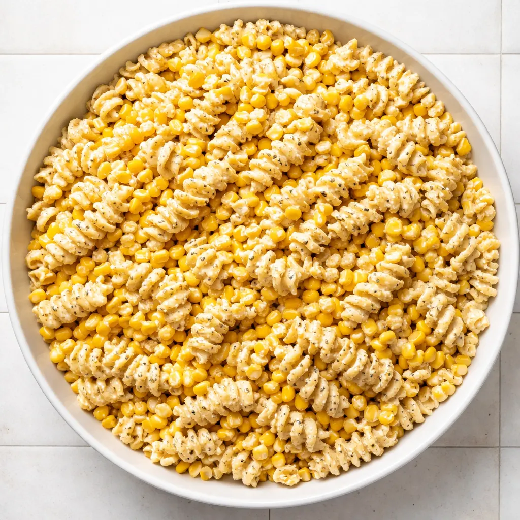Tossing cooked pasta with charred corn kernels and creamy dressing, ensuring the street corn pasta salad stays firm and not soggy even the next day.
