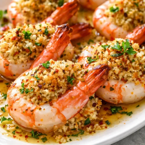 Golden brown stuffed shrimp with garlic butter and crispy breadcrumbs on a platter, surrounded by lemon wedges and fresh parsley.