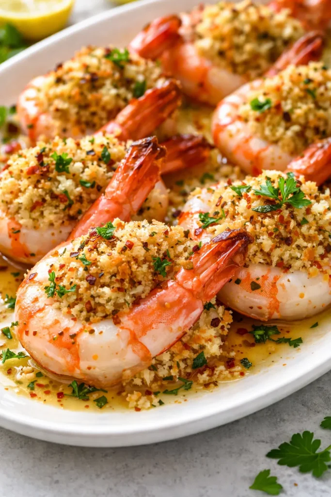 Golden brown stuffed shrimp with garlic butter and crispy breadcrumbs on a platter, surrounded by lemon wedges and fresh parsley.