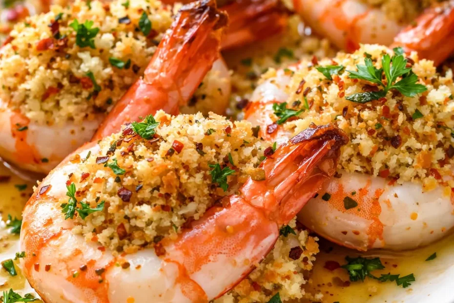 Golden brown stuffed shrimp with garlic butter and crispy breadcrumbs on a platter, surrounded by lemon wedges and fresh parsley.