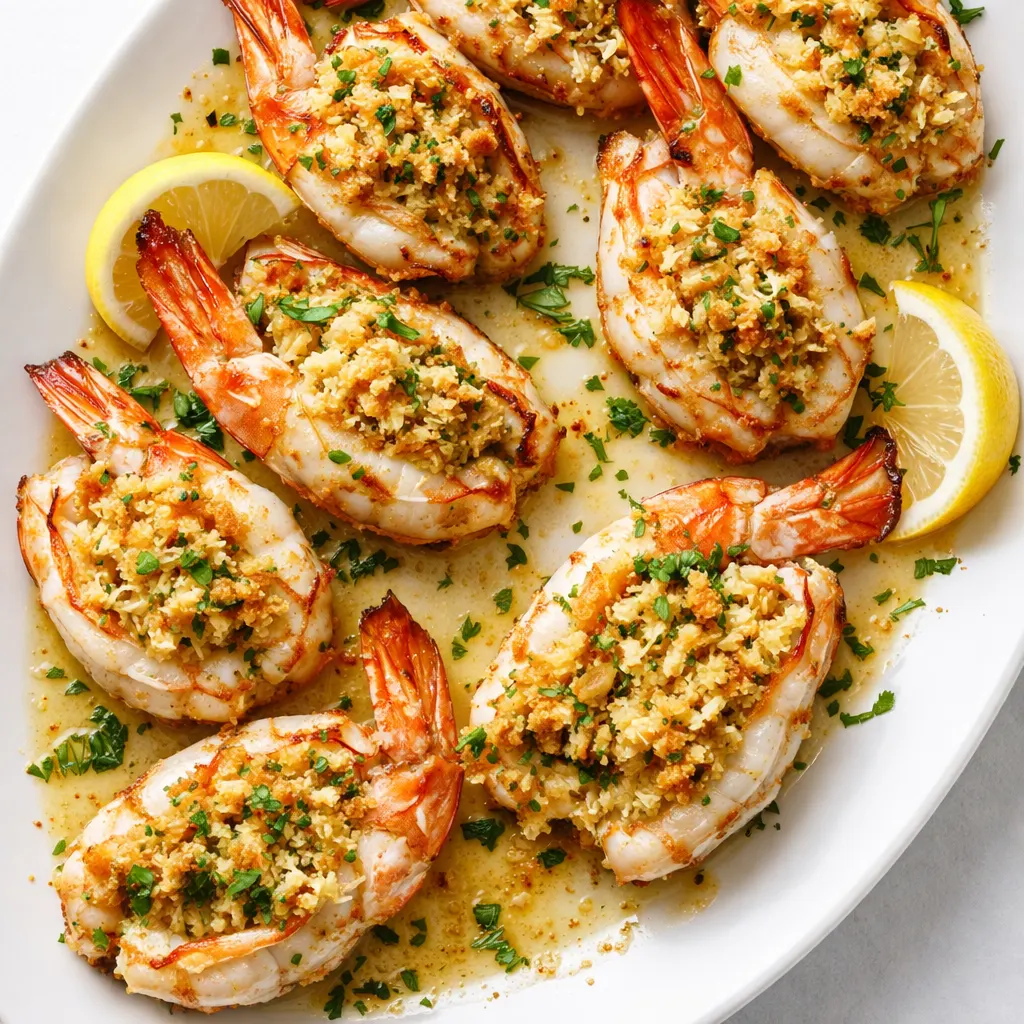 Pink shrimp butterflied and stuffed with a creamy crab and breadcrumb filling, aromatic herbs visible.