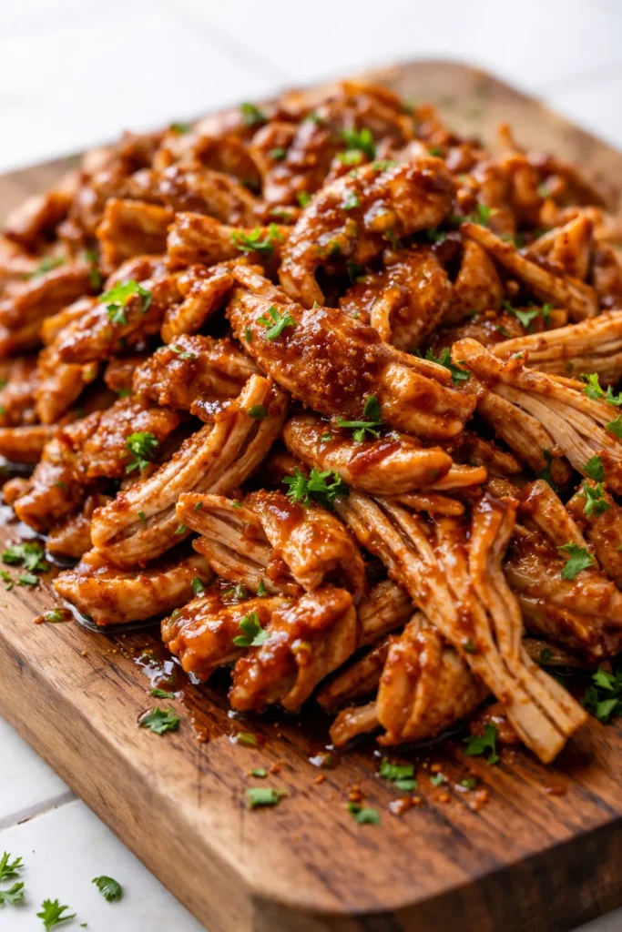 Shredded Sweet Baby Ray's Crockpot Chicken in rich, glossy barbecue sauce, tender and saucy atop a soft bun, with deep caramelized color.