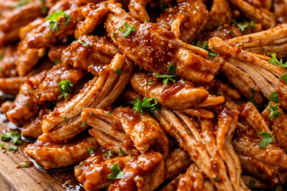 Shredded Sweet Baby Ray's Crockpot Chicken in rich, glossy barbecue sauce, tender and saucy atop a soft bun, with deep caramelized color.
