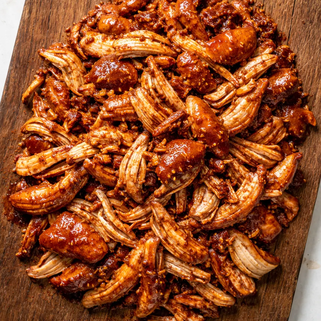 Shredded Sweet Baby Ray's crockpot chicken in rich brown sauce, tender and saucy, with visible shreds.