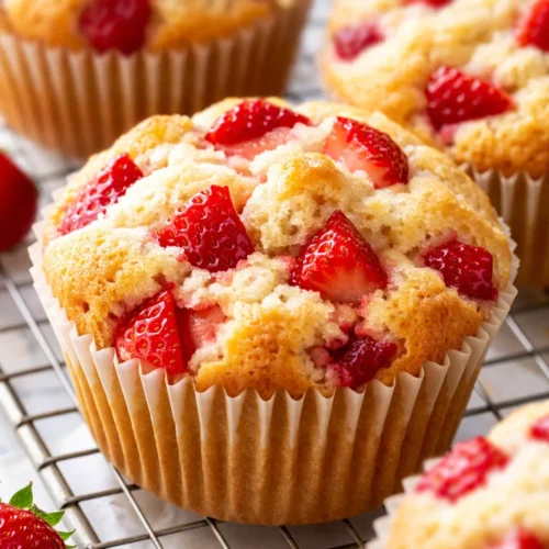 Golden brown tender strawberry shortcake muffins with crumbly brown sugar top and visible fresh strawberry pieces, soft interior