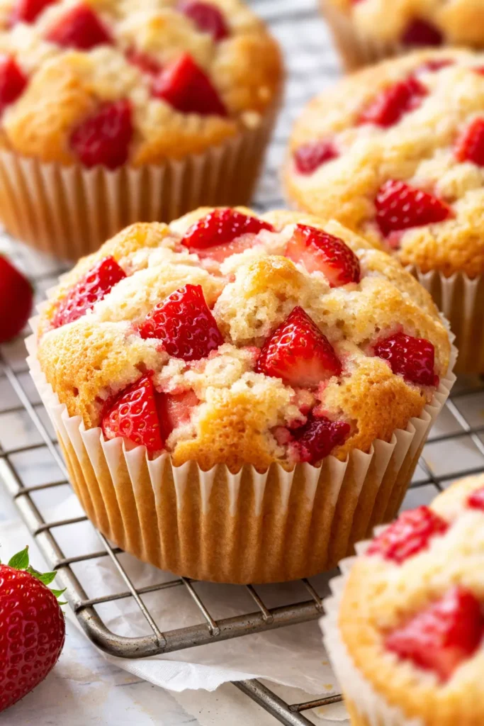 Golden brown tender strawberry shortcake muffins with crumbly brown sugar top and visible fresh strawberry pieces, soft interior