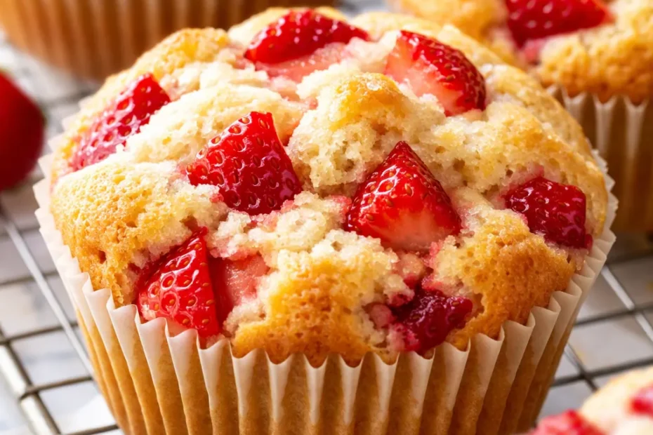 Golden brown tender strawberry shortcake muffins with crumbly brown sugar top and visible fresh strawberry pieces, soft interior