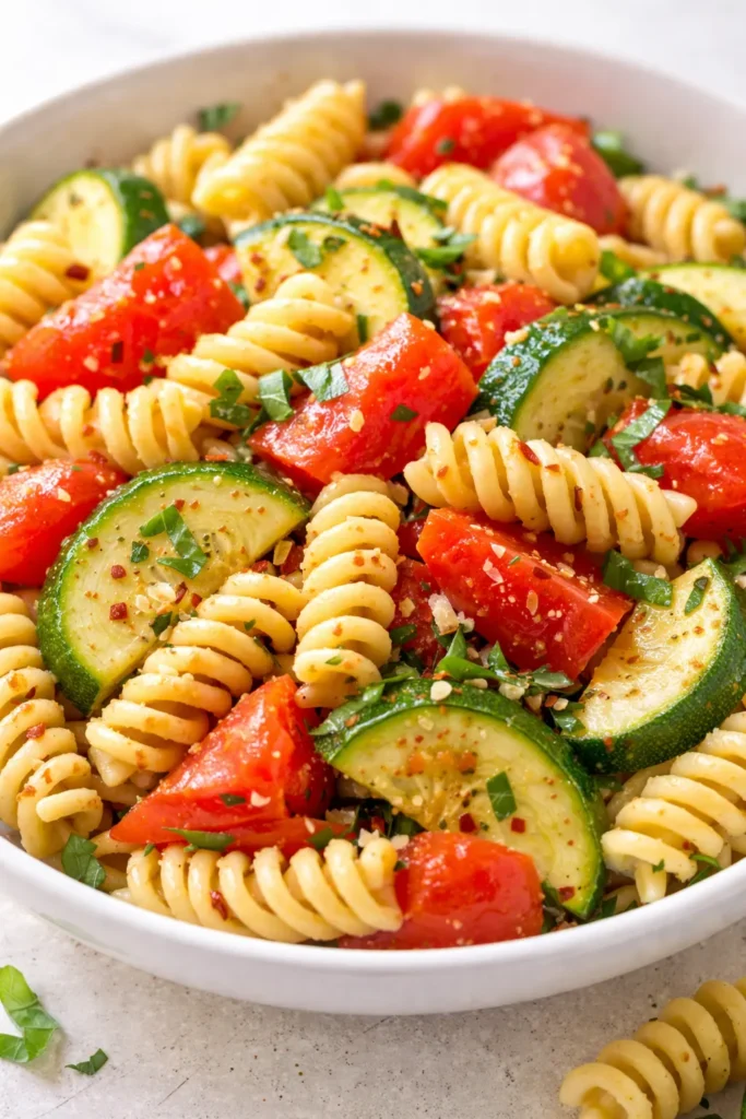 Fresh tomato zucchini pasta with al dente spaghetti, rich red sauce, and sautéed zucchini slices, garnished with basil and Parmesan.