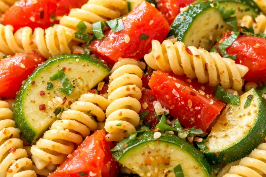Fresh tomato zucchini pasta with al dente spaghetti, rich red sauce, and sautéed zucchini slices, garnished with basil and Parmesan.
