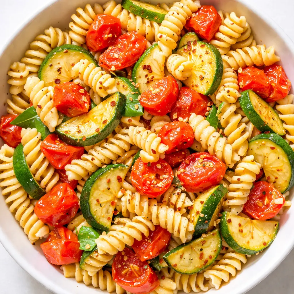 Bright red tomatoes and green zucchini sautéed in olive oil with garlic, forming a chunky, aromatic sauce for tomato zucchini pasta.