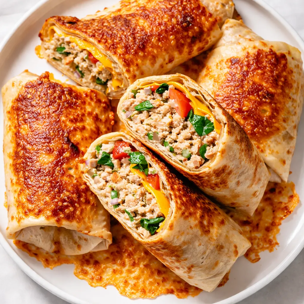 Crispy tuna melt wrap being folded, golden brown tortilla with melted cheese and tuna salad visible.