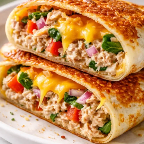 Crispy golden brown tuna melt wrap cut in half, showing melted cheese and tuna filling, on a wooden board.