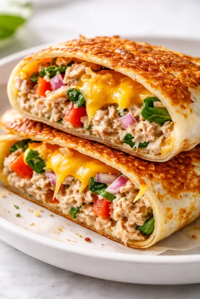 Crispy golden brown tuna melt wrap cut in half, showing melted cheese and tuna filling, on a wooden board.
