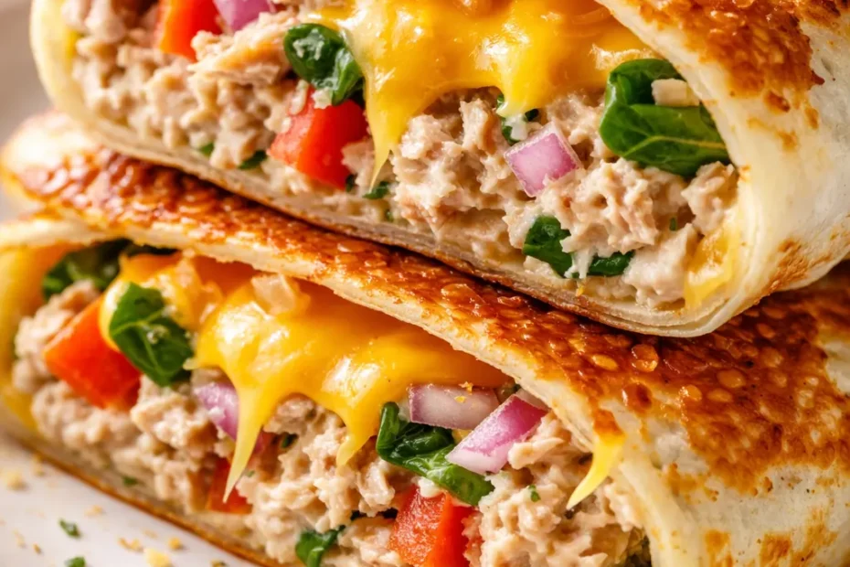 Crispy golden brown tuna melt wrap cut in half, showing melted cheese and tuna filling, on a wooden board.