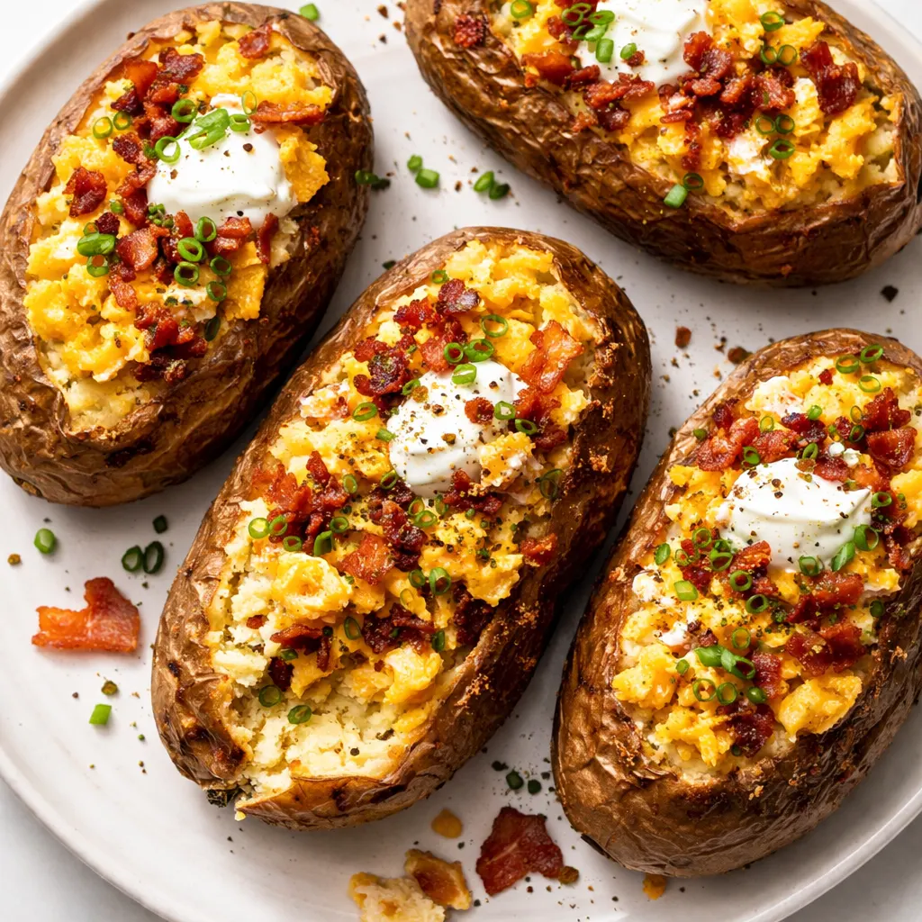Adding shredded cheddar cheese and crispy bacon to halved baked potatoes for twice baked loaded breakfast potatoes, golden and melty.