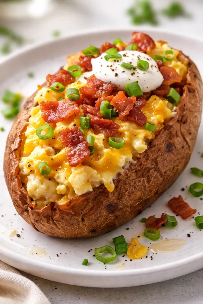 Crispy twice baked loaded breakfast potatoes with melted cheddar, crispy bacon bits, and fresh green onions on a white plate.