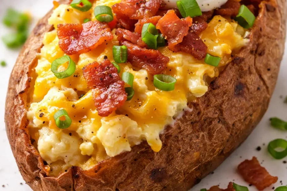 Crispy twice baked loaded breakfast potatoes with melted cheddar, crispy bacon bits, and fresh green onions on a white plate.