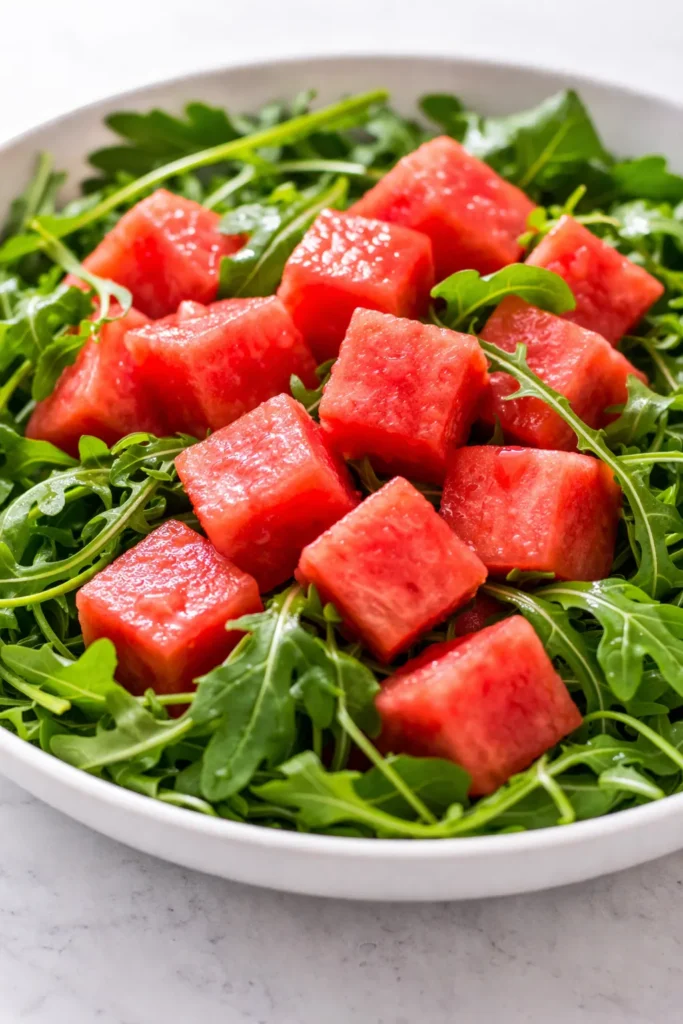 Fresh watermelon arugula salad with vibrant green leaves, juicy red watermelon cubes, and crumbled feta cheese, drizzled with balsamic glaze.