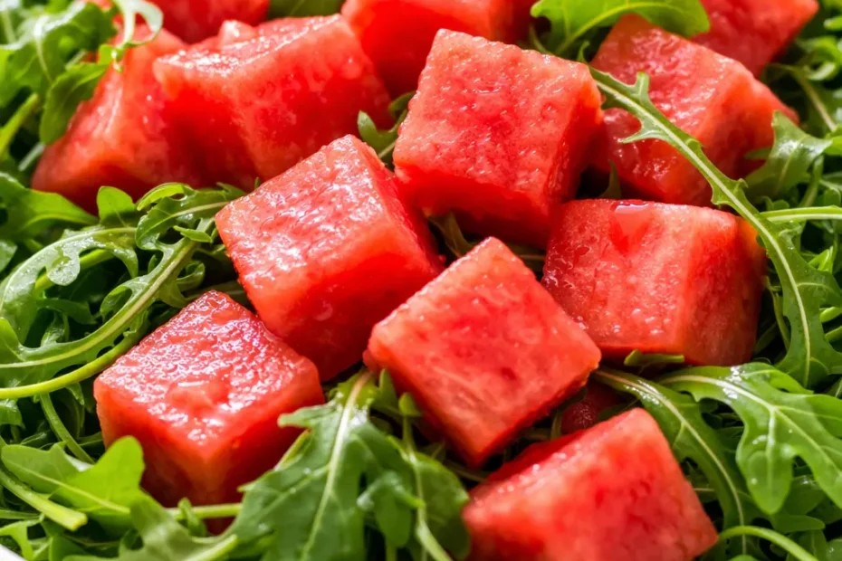 Fresh watermelon arugula salad with vibrant green leaves, juicy red watermelon cubes, and crumbled feta cheese, drizzled with balsamic glaze.