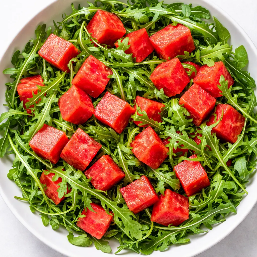 Fresh watermelon chunks and peppery arugula tossed in a bowl with a light dressing, showcasing the 10-minute trick to prevent sogginess.