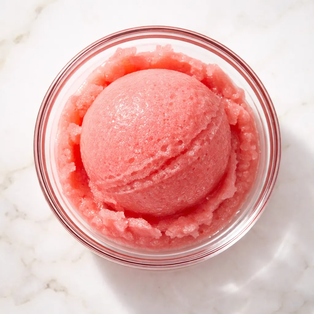 Smooth, scoopable watermelon sorbet in a bowl with a vibrant pink color and no ice crystals, showcasing pure summer flavor.