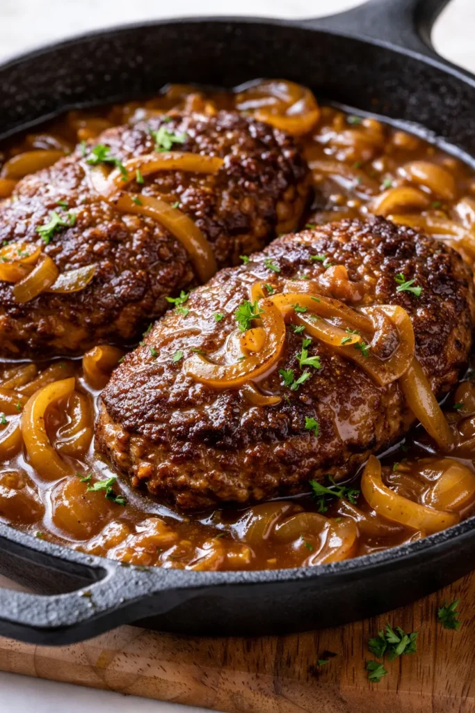 Rich and tender Amish hamburger steak smothered in savory brown gravy, served with mashed potatoes and green beans.