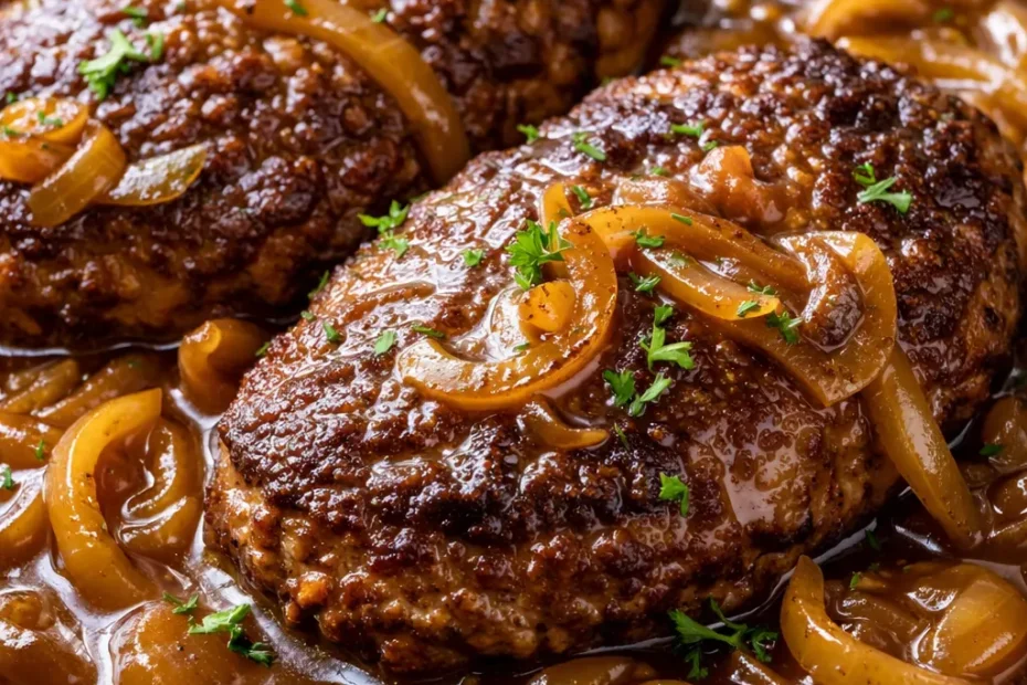 Rich and tender Amish hamburger steak smothered in savory brown gravy, served with mashed potatoes and green beans.