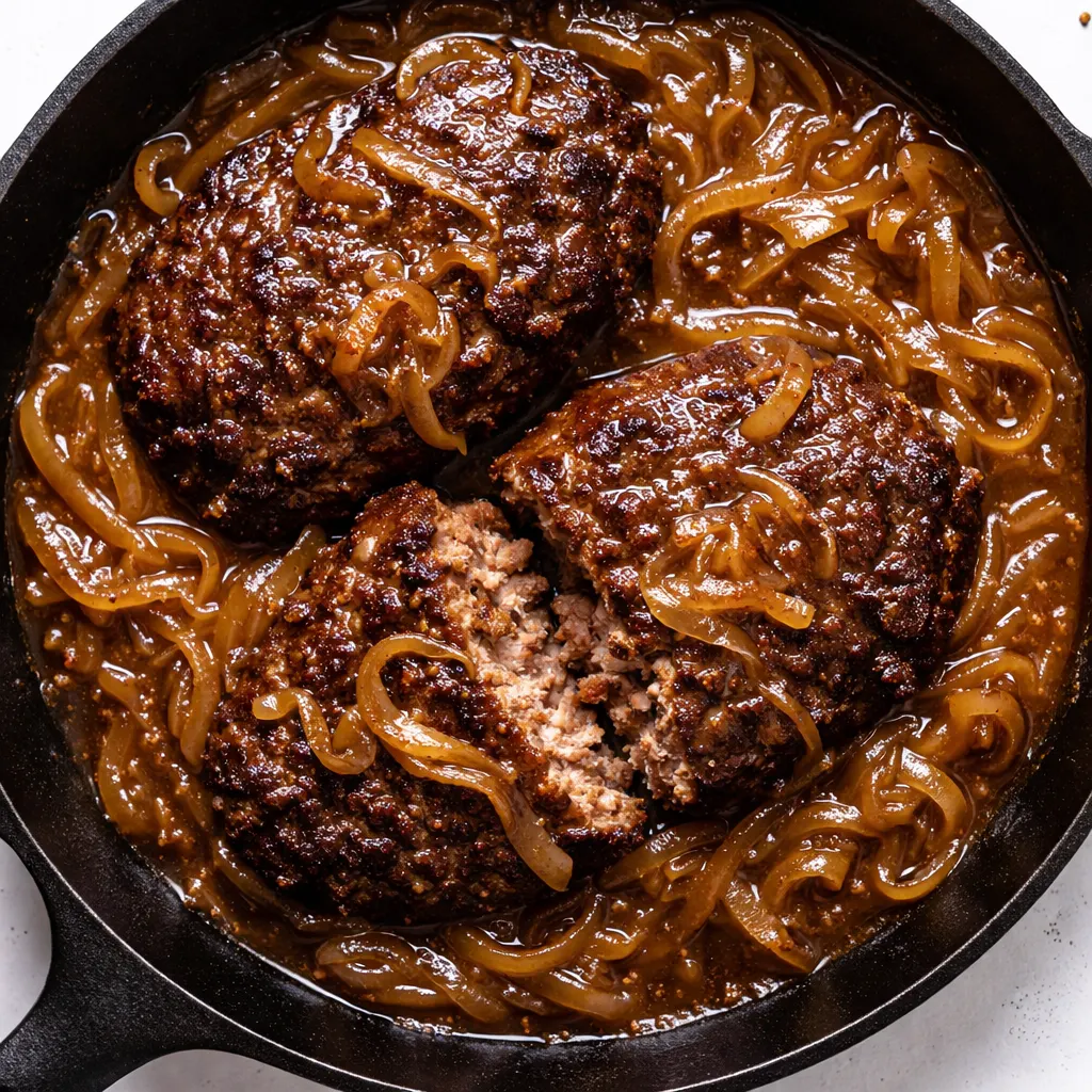 Browning Amish hamburger steak patties in a skillet with rich onion gravy, golden brown and tender.
