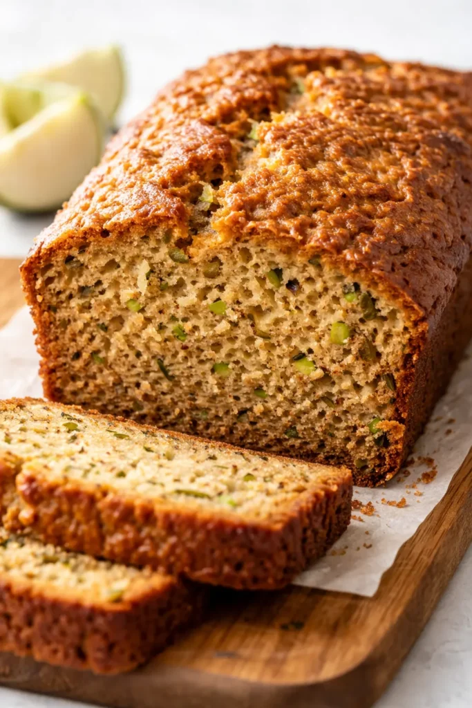 Moist apple zucchini bread slice on a wooden board, golden brown with visible apple pieces and zucchini shreds, soft crumb.