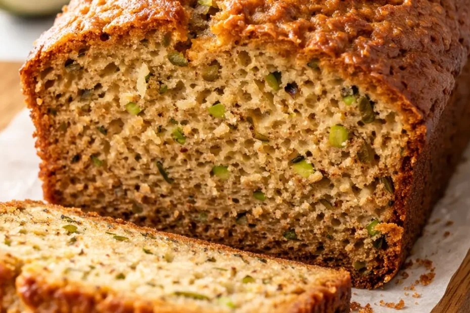 Moist apple zucchini bread slice on a wooden board, golden brown with visible apple pieces and zucchini shreds, soft crumb.
