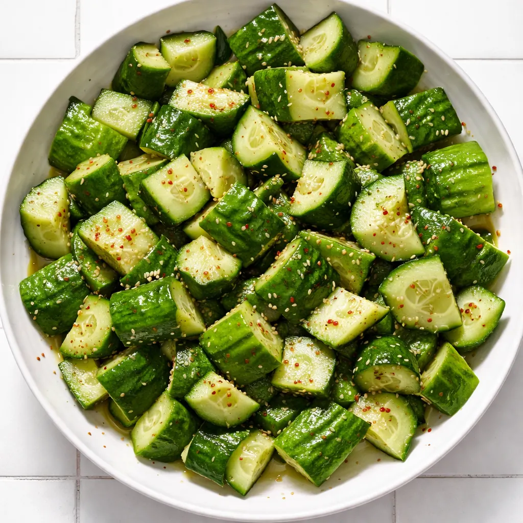 Crisp cucumber slices tossed in a tangy soy-sesame dressing with sesame seeds and red chili flakes, Asian cucumber salad.