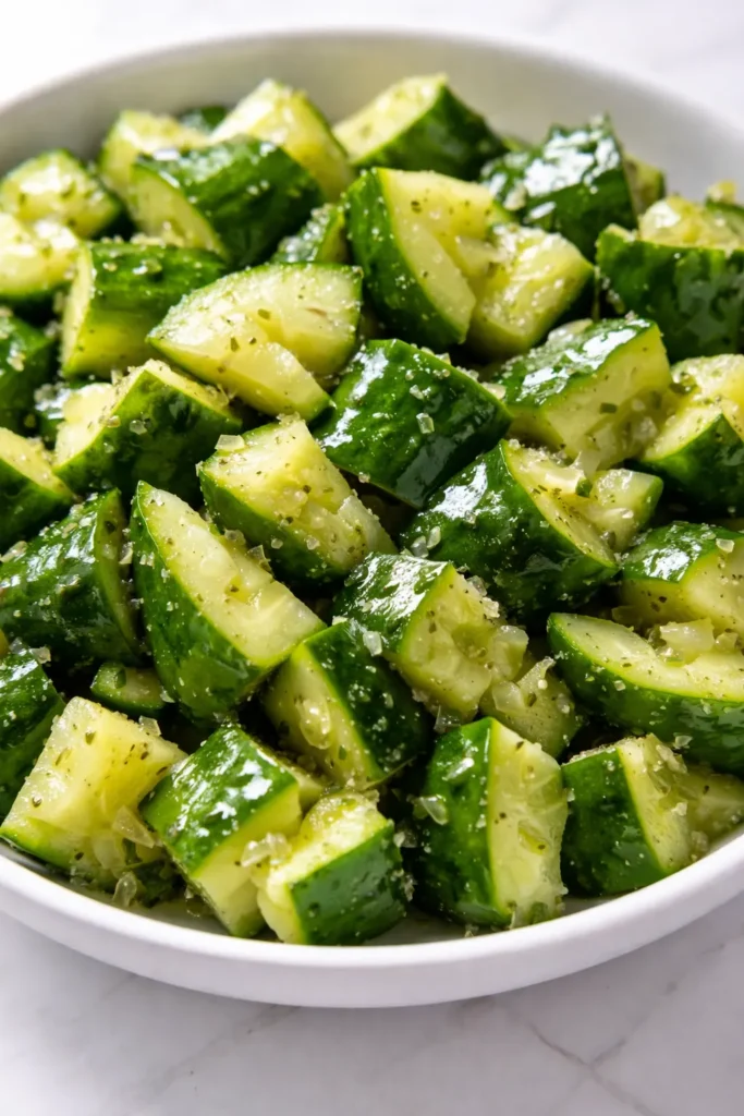 Asian Cucumber Salad with crunchy cucumber slices, red bell peppers, and a tangy dressing, garnished with sesame seeds and cilantro.